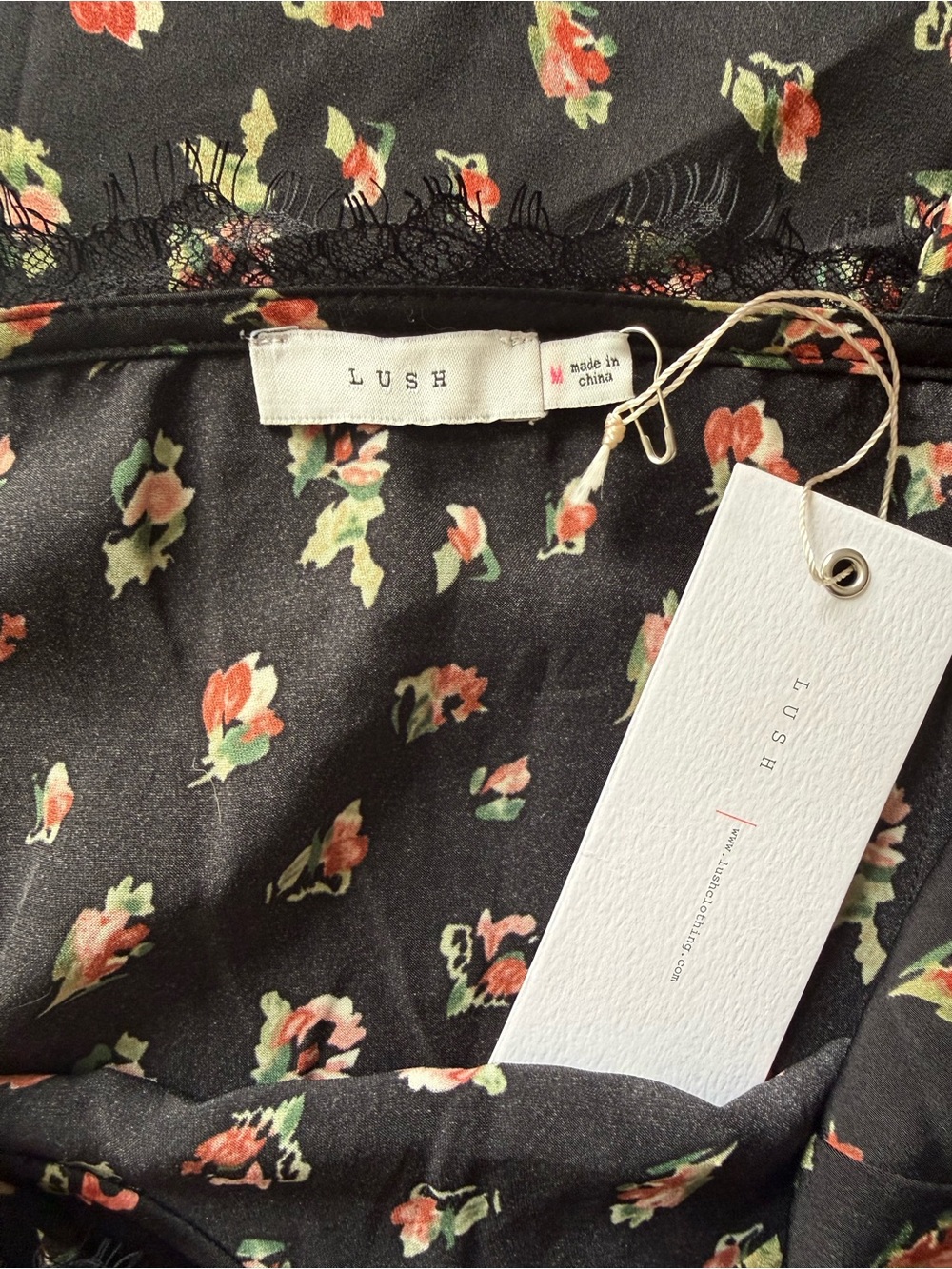 Lush Floral Lace Trim Satin Slip Dress Black Rose Print Mini Dress Medium NWT - Picture 4 of 5